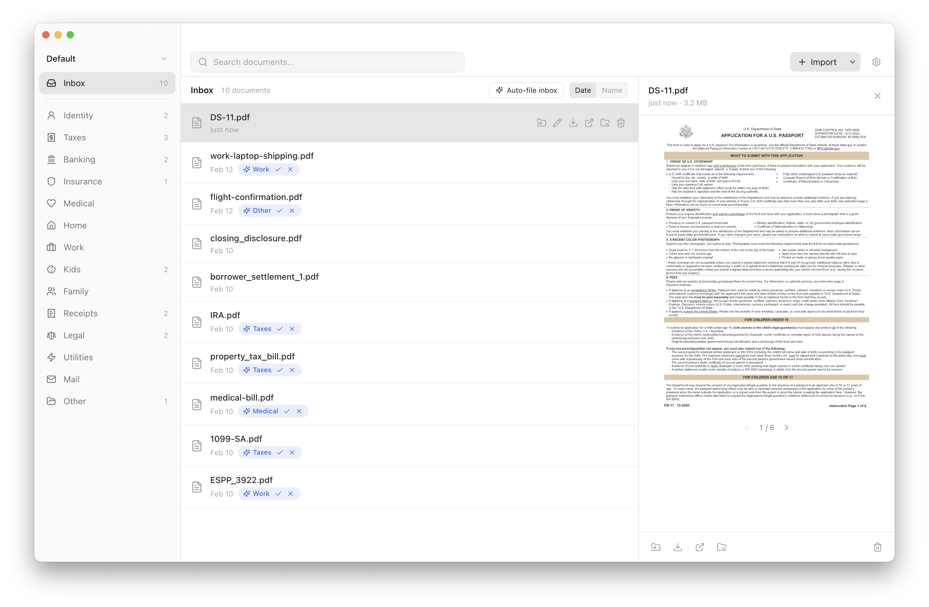 File Harbor app showing the inbox view with documents organized by category